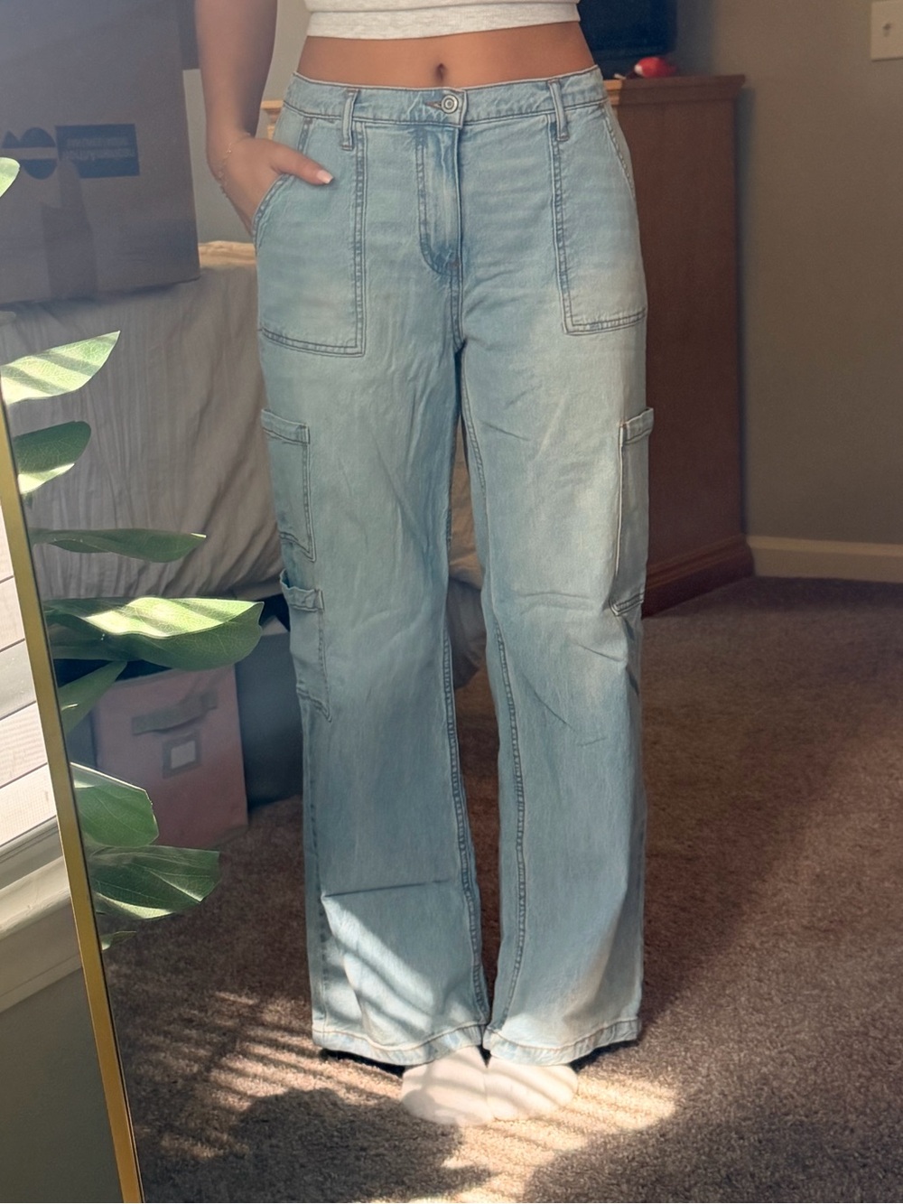 No Boundaries Light Blue Wide-Leg Cargo Jeans Elastic Waistband
